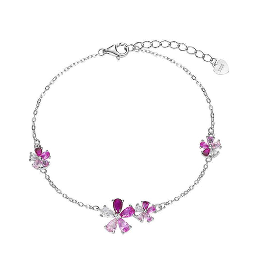 Pulsera de Plata Rodiada con Flores de Circonitas Rosas