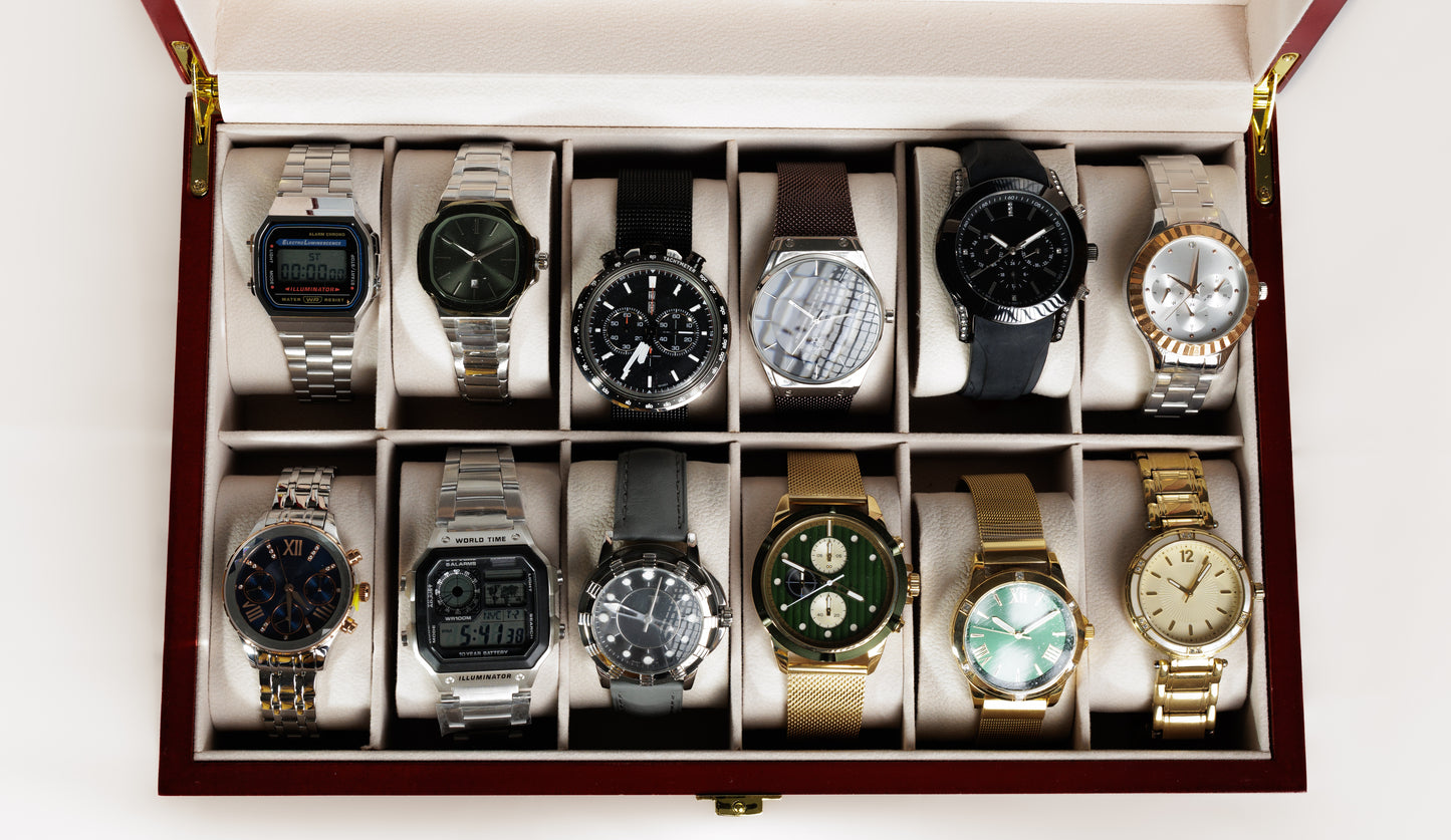 Aruale Joyas Estuche Lujo Relojes Acabado Madera Caoba 12 Compartimentos Ideal Regalo para Coleccionistas y Amantes de Relojes con Tapa de Cristal Interior de Terciopelo Caja y Gamuza Incluidos