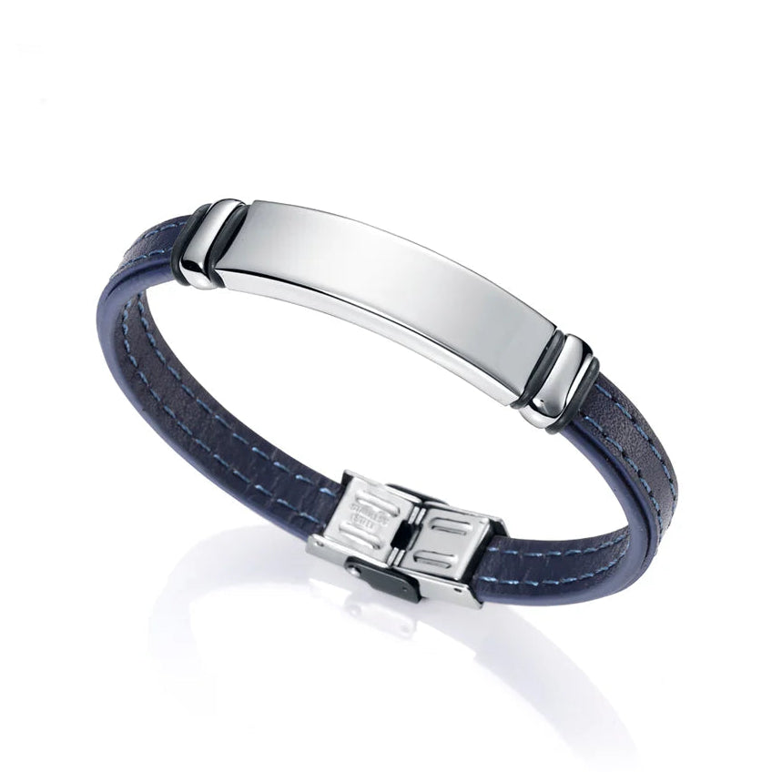 Men's Blue Leather and Steel Bracelet