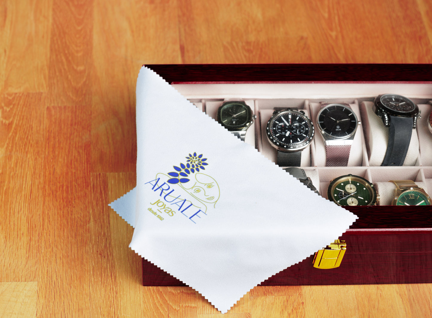 Aruale Joyas Estuche Lujo Relojes Acabado Madera Caoba 12 Compartimentos Ideal Regalo para Coleccionistas y Amantes de Relojes con Tapa de Cristal Interior de Terciopelo Caja y Gamuza Incluidos