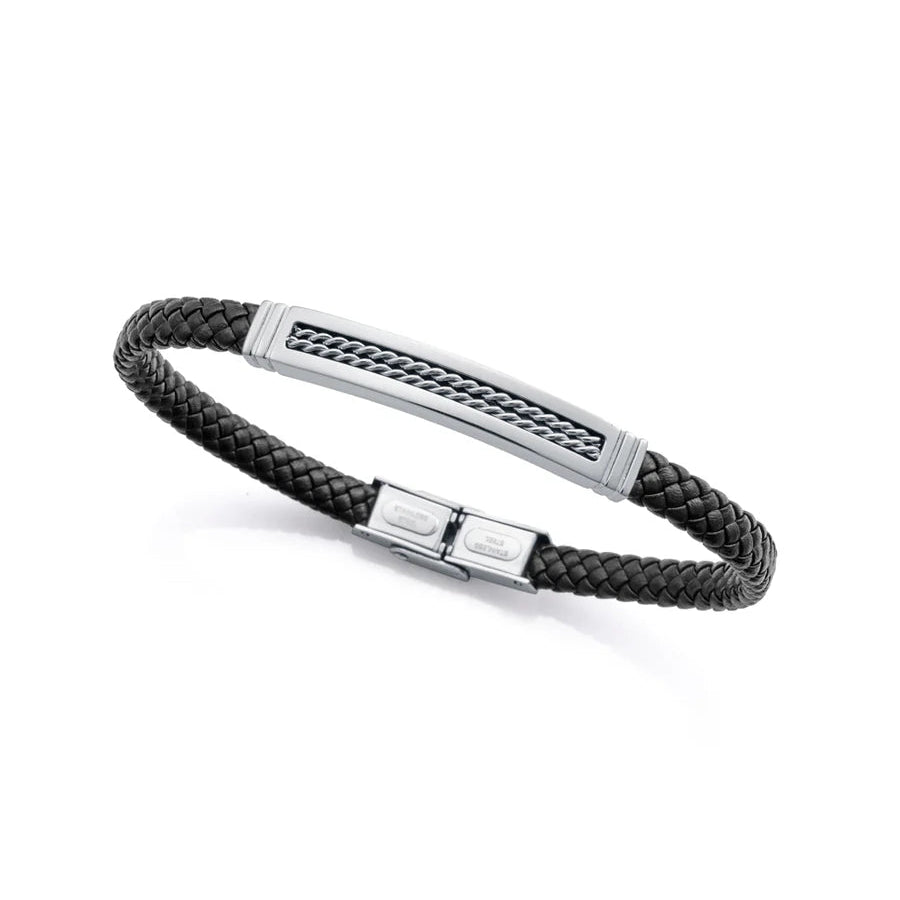 Men's Black Leather Bracelet with Steel Detail