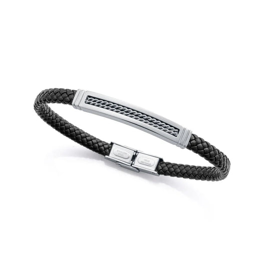 Men's Black Leather Bracelet with Steel Detail