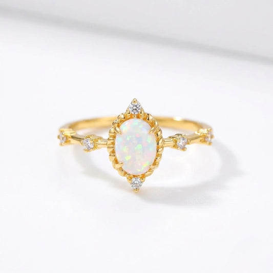 Aruale Joyas Anillo Vintage Plata Ley 925 Chapado Oro 18K Ópalo Blanco Circonitas