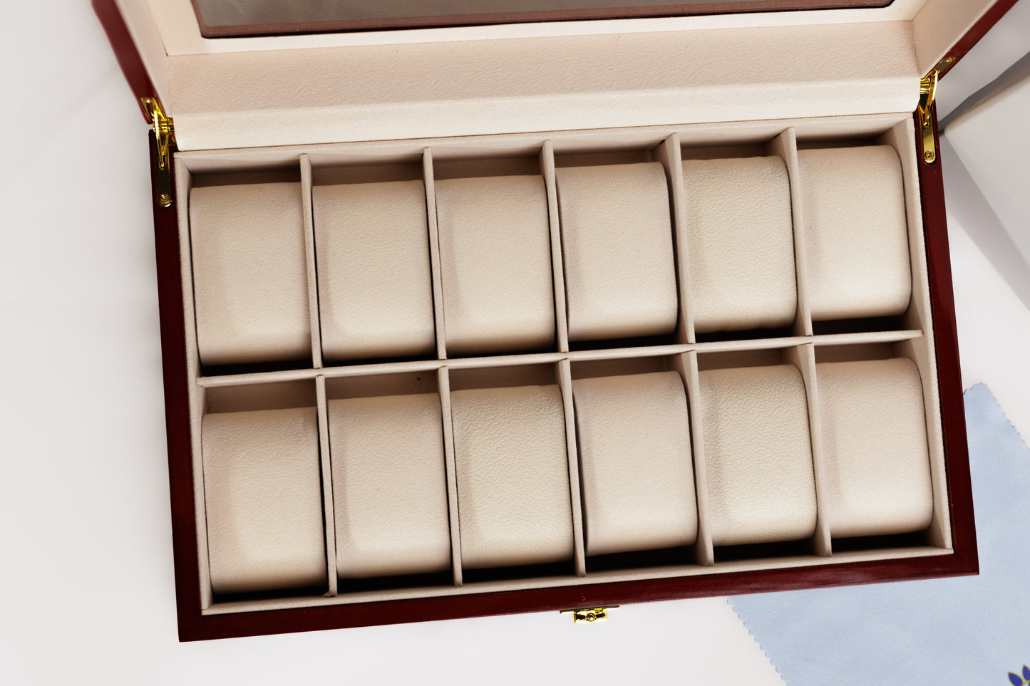 Aruale Joyas Estuche Lujo Relojes Acabado Madera Caoba 12 Compartimentos Ideal Regalo para Coleccionistas y Amantes de Relojes con Tapa de Cristal Interior de Terciopelo Caja y Gamuza Incluidos