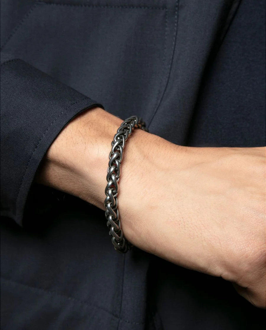 Men's Steel Bracelet with Antique Finish and Braided Links