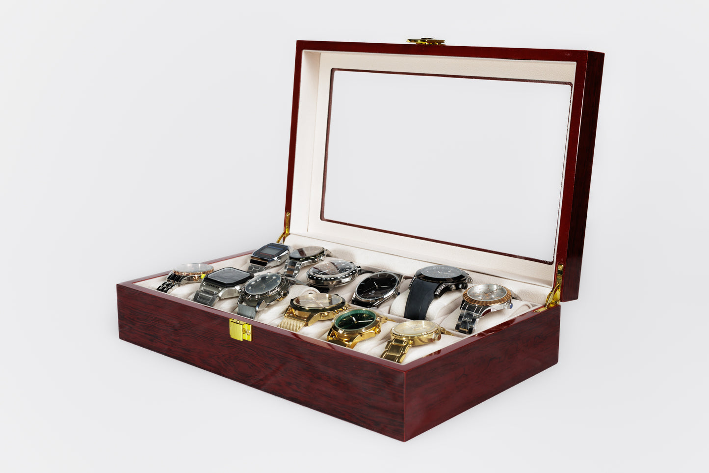 Aruale Joyas Estuche Lujo Relojes Acabado Madera Caoba 12 Compartimentos Ideal Regalo para Coleccionistas y Amantes de Relojes con Tapa de Cristal Interior de Terciopelo Caja y Gamuza Incluidos