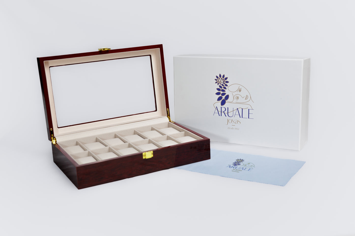 Aruale Joyas Estuche Lujo Relojes Acabado Madera Caoba 12 Compartimentos Ideal Regalo para Coleccionistas y Amantes de Relojes con Tapa de Cristal Interior de Terciopelo Caja y Gamuza Incluidos