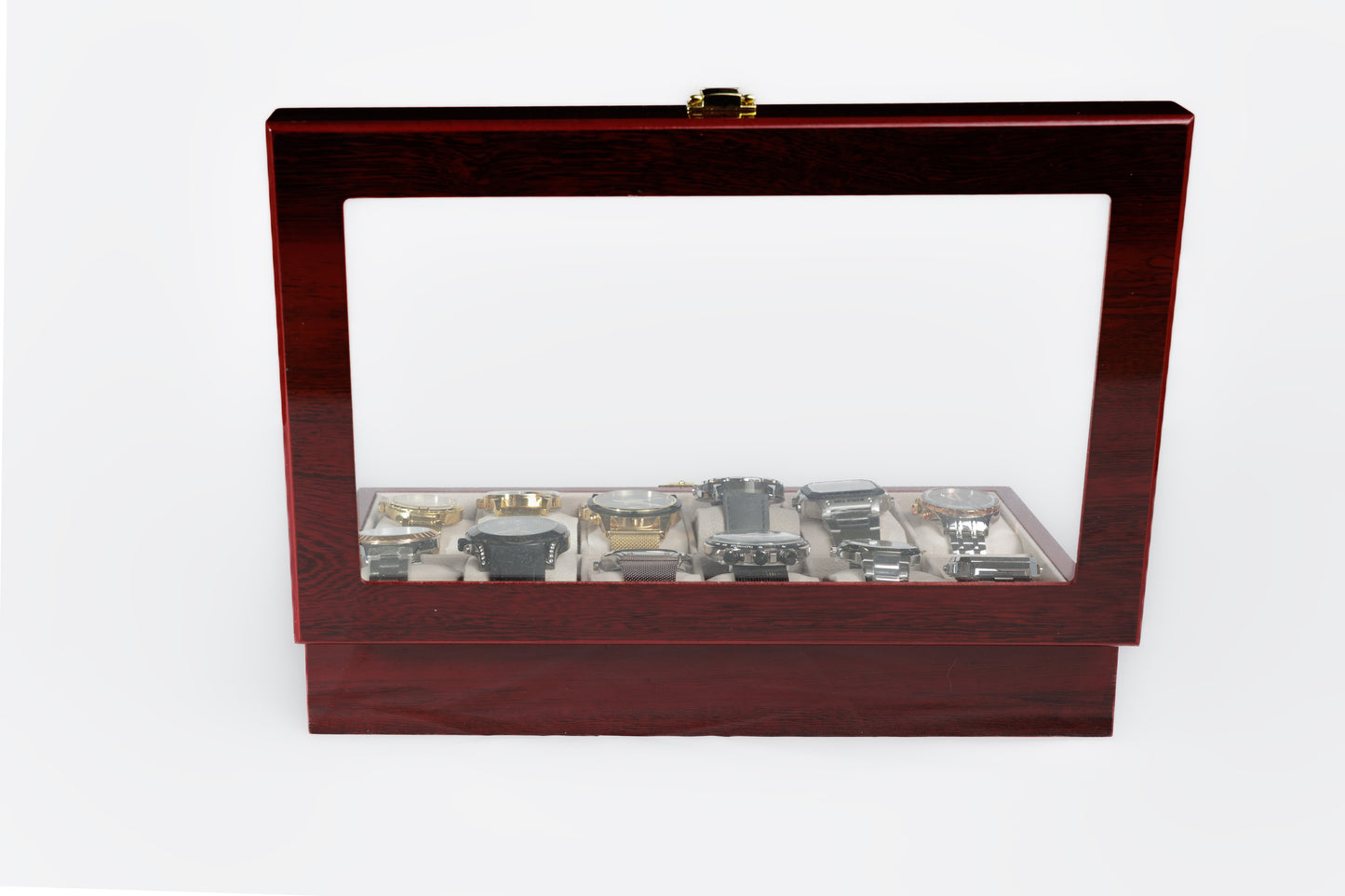 Aruale Joyas Estuche Lujo Relojes Acabado Madera Caoba 12 Compartimentos Ideal Regalo para Coleccionistas y Amantes de Relojes con Tapa de Cristal Interior de Terciopelo Caja y Gamuza Incluidos