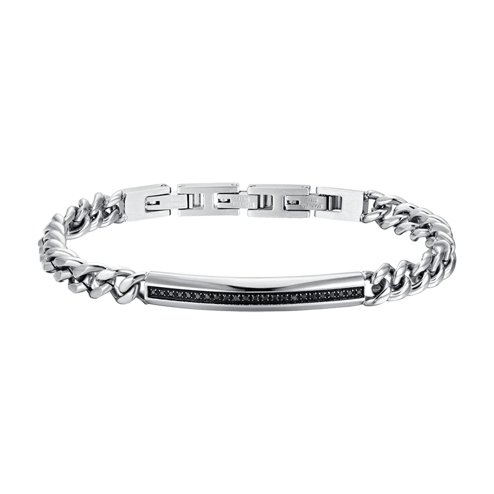 Men's Steel Bracelet with Black Crystal Detail