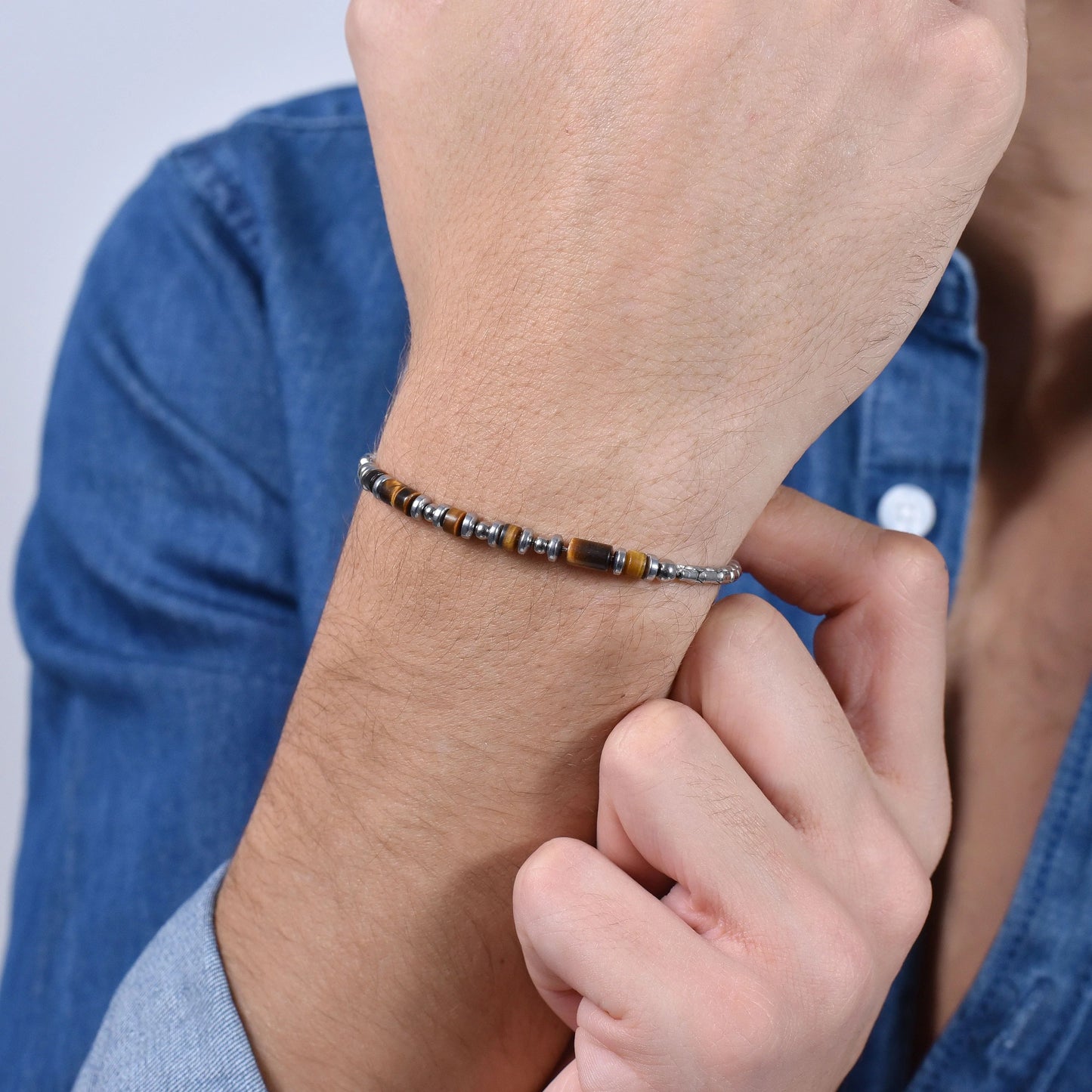 Pulsera de Acero con Piedra Ojo de Tigre