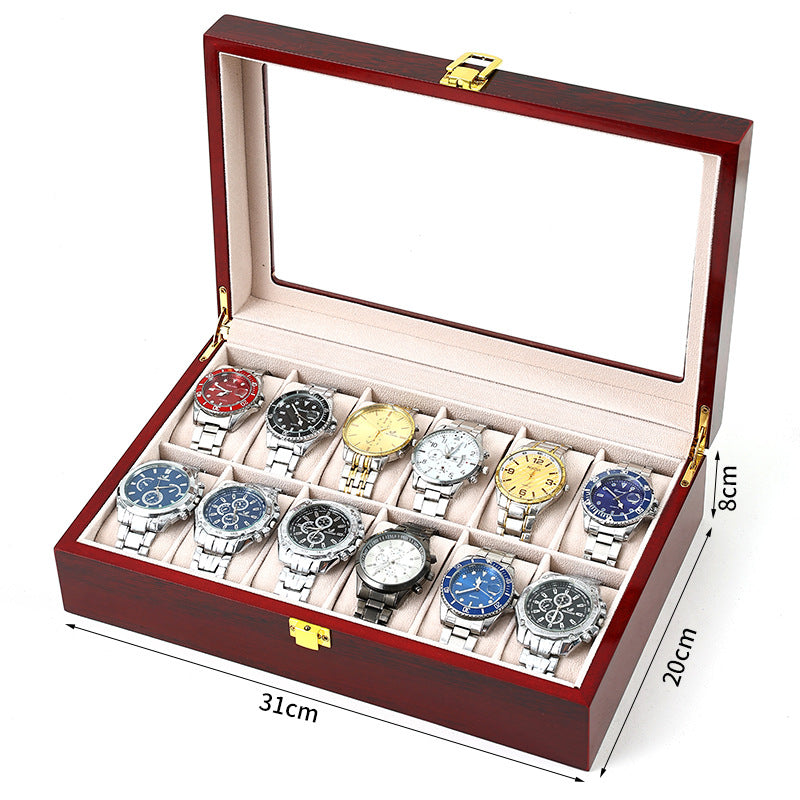 Aruale Joyas Estuche Lujo Relojes Acabado Madera Caoba 12 Compartimentos Ideal Regalo para Coleccionistas y Amantes de Relojes con Tapa de Cristal Interior de Terciopelo Caja y Gamuza Incluidos