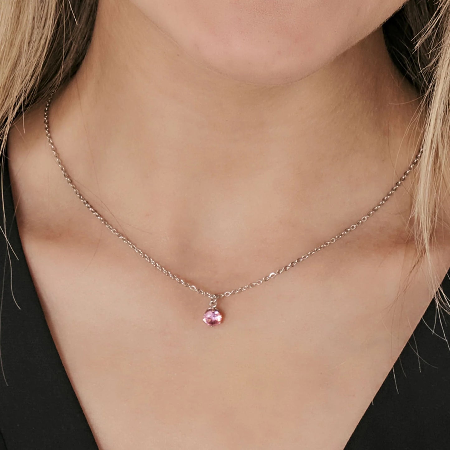 Cadena Acero Con Colgante Circonita Color Rosa De Francia