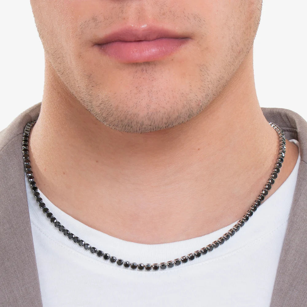 Collar Tenis de Hombre en Acero con Cristales Negros