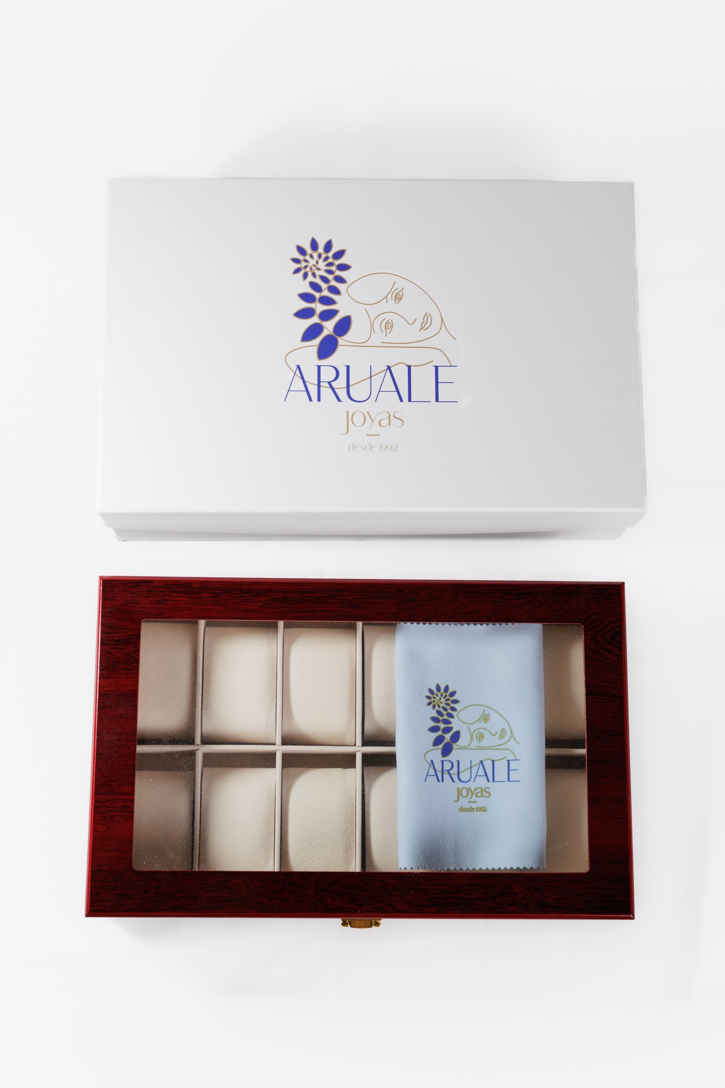 Aruale Joyas Estuche Lujo Relojes Acabado Madera Caoba 12 Compartimentos Ideal Regalo para Coleccionistas y Amantes de Relojes con Tapa de Cristal Interior de Terciopelo Caja y Gamuza Incluidos