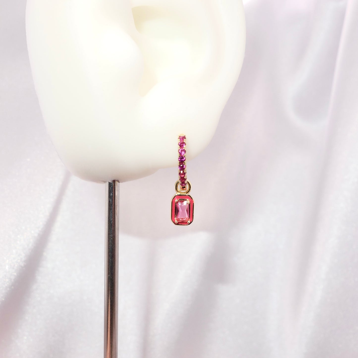 Pendientes Aros Plata Chapado Dorado Circonita Rubí