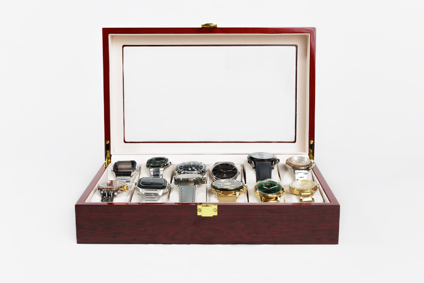 Aruale Joyas Estuche Lujo Relojes Acabado Madera Caoba 12 Compartimentos Ideal Regalo para Coleccionistas y Amantes de Relojes con Tapa de Cristal Interior de Terciopelo Caja y Gamuza Incluidos