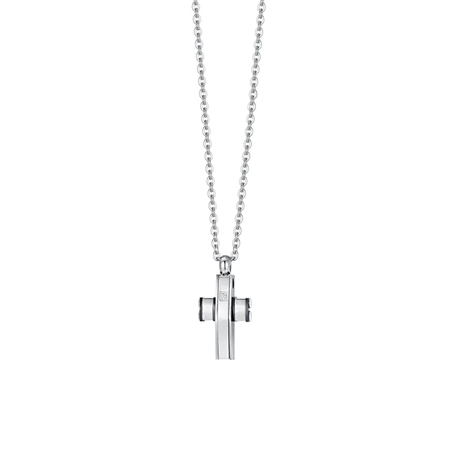 Luca Barra Men's Steel Necklace with Black and Silver Cross