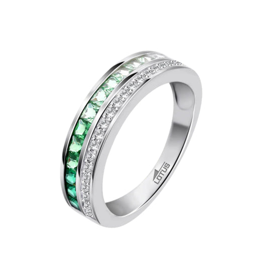 Lotus Women's Silver Ring with Green and White Cubic Zirconia