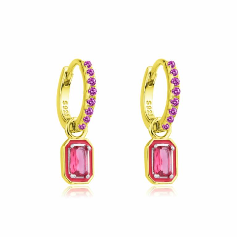 Pendientes Aros Plata Chapado Dorado Circonita Rubí