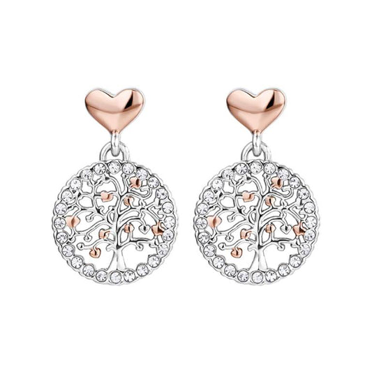 Pendientes Acero Árbol De La Vida Corazones Rosa
