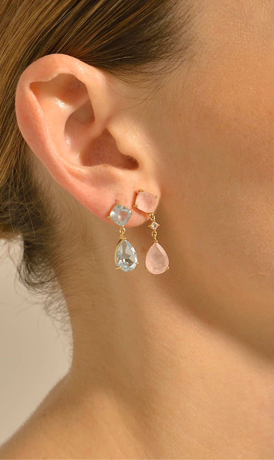 Pendientes Plata Dorada Cuarzo Rosa y Topacio