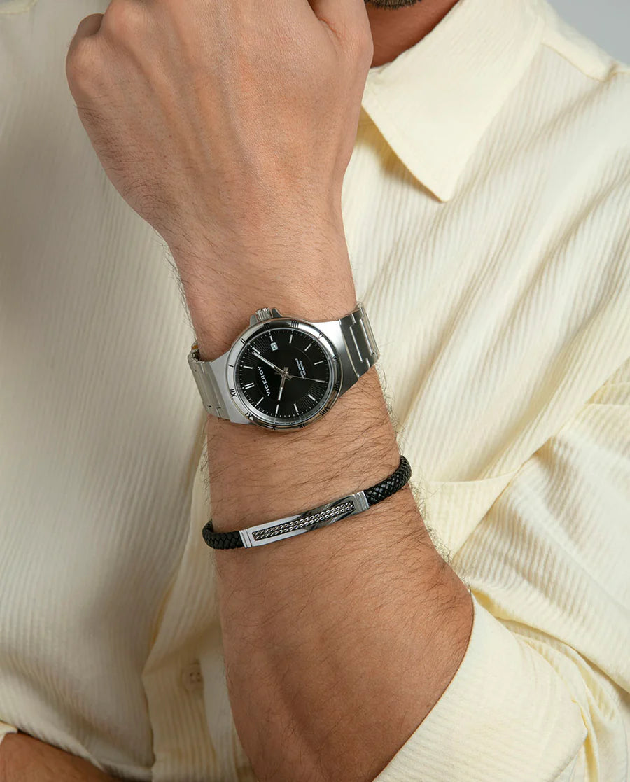 Men's Black Leather Bracelet with Steel Detail