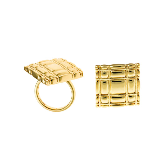Anillo Metal Chapado Dorado Cuadrado Tartán