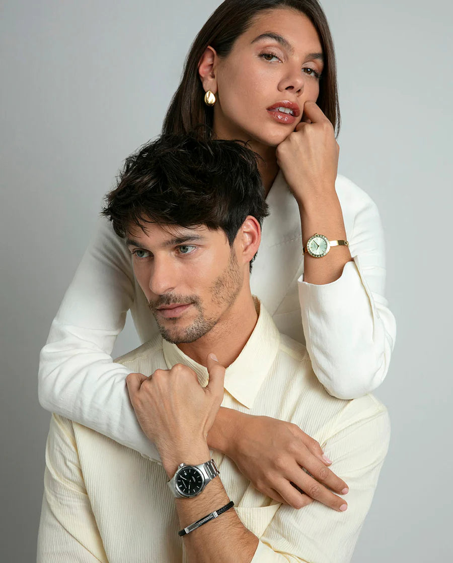 Men's Black Leather Bracelet with Steel Detail