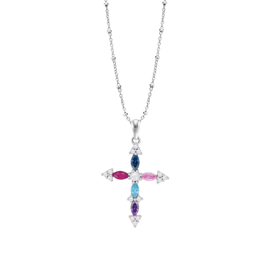 Collar Lotus Silver Con Cruz Y Circonitas Multicolor