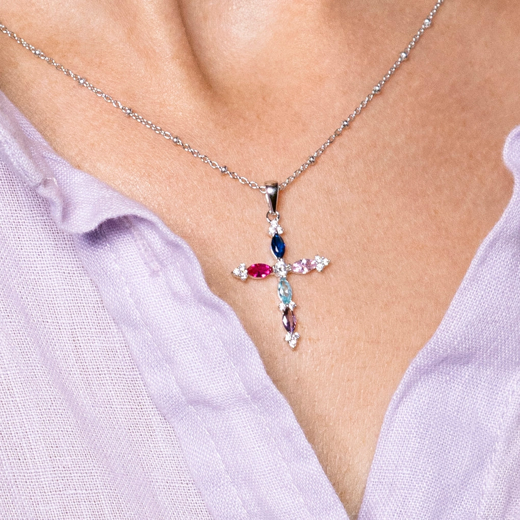 Collar Lotus Silver Con Cruz Y Circonitas Multicolor